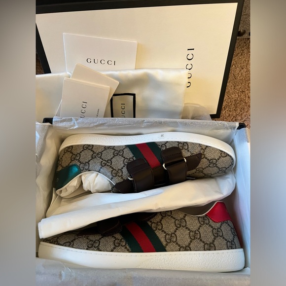 New Gucci Ace Gg Supreme New Ace Web stripe Ebony beige brown Sneakers - Picture 3 of 10